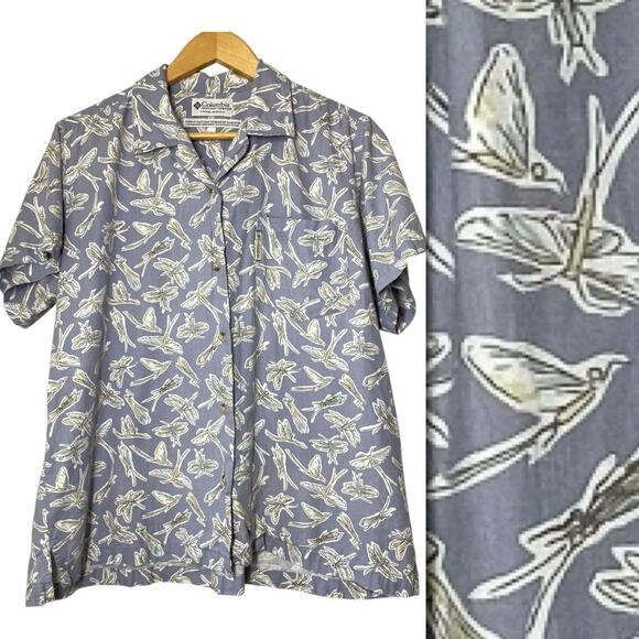 Columbia Vintage Shirt Dragon Fly Button Front Short Sleeve Lavender Large Women - Picture 1 of 6